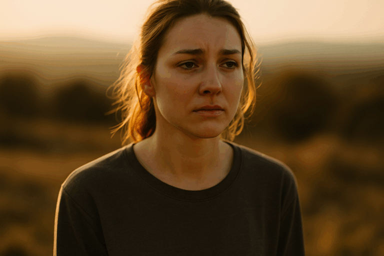 Donna che affronta il dolore con forza silenziosa al tramonto