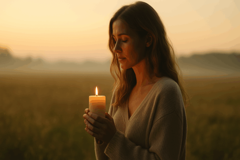 Donna che medita al tramonto tenendo una candela accesa tra le mani, simbolo di consapevolezza e luce interiore