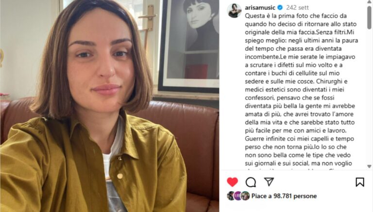Screenshot del post Instagram di Arisa senza filtri, con il suo messaggio sulla bellezza autentica