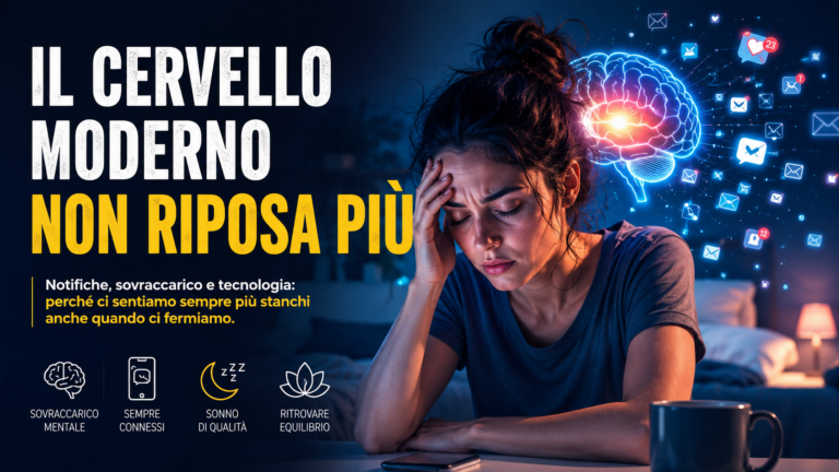 Donna affaticata con icone digitali e cervello luminoso sullo sfondo, simbolo di sovraccarico mentale e tecnologia